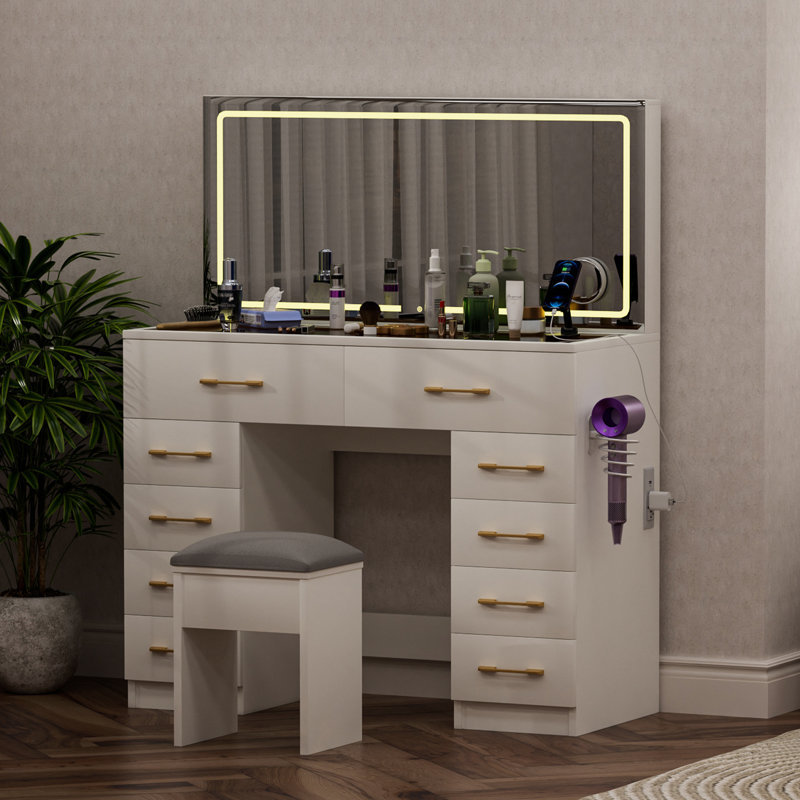 Bureau de meuble-lavabo 46 po avec 10 tiroirs, miroir de maquillage, tabouret, 3 modes d'éclairage, prise de courant, glissières silencieuses - grand port pratique éclairé pour chambre blanche, miroir personnalisable et charge