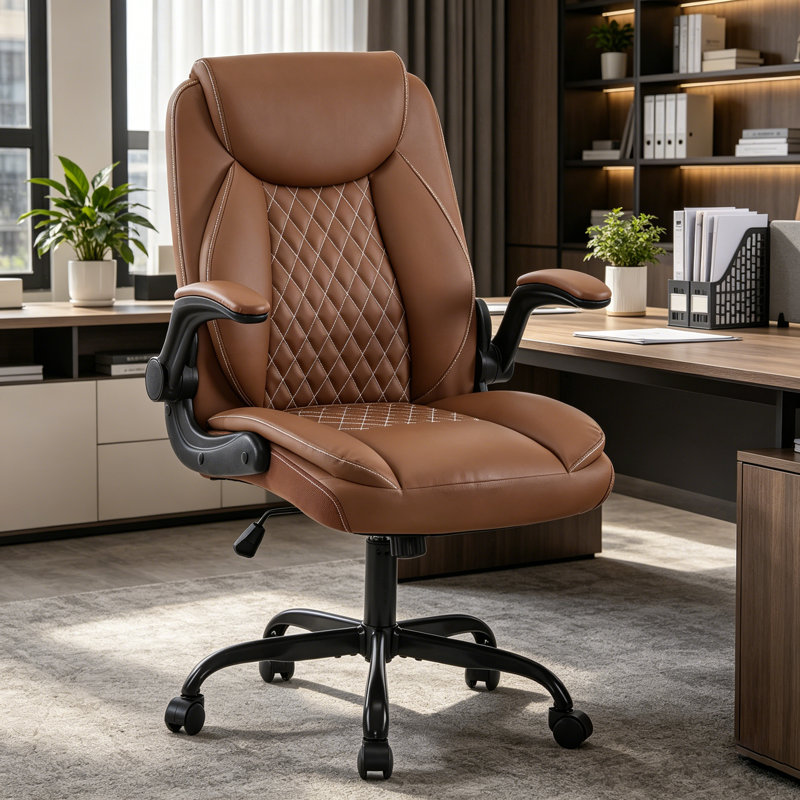Leather Office Ergonomic Home Office Desk Chair, Back Support Swivel Executive Office Chair with Wheels and Flip-Up Armrests, Small Gaming Chair with Adjustable Rocking Function, Brown
