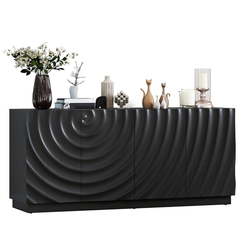 Buffet 59 po avec grain spiralé et armoire moderne à 4 portes pour le rangement de la cuisine ou du salon, noir, Noir
