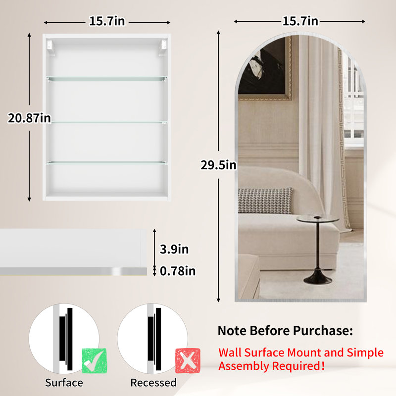 Armoire à pharmacie Tabbatha, H 29,5 po x l 15,7 po x P 4,6 po, Argent argent