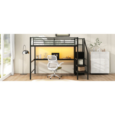 Lit mezzanine double en métal noir avec bureau intégré, escalier de rangement, petite armoire et 7 couleurs à DEL, confortable et fonctionnel avec design