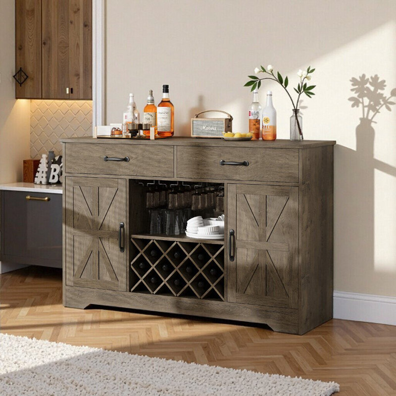 Armoire-bar rustique de style campagnard avec porte-bouteilles, tiroirs de rangement et porte-verres - Buffet gris chêne pour la cuisine et la salle à manger