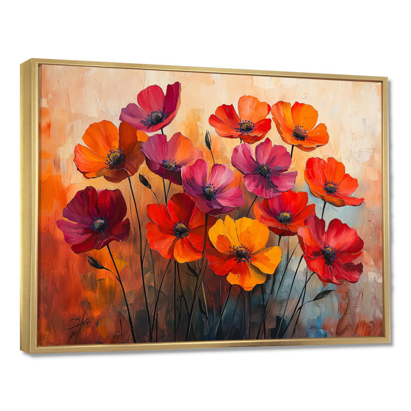 Jabryan orange dansant parmi les fleurs sauvages II - Art mural de fleurs sauvages pour le salon, H 30 po x l 40 po, Doré