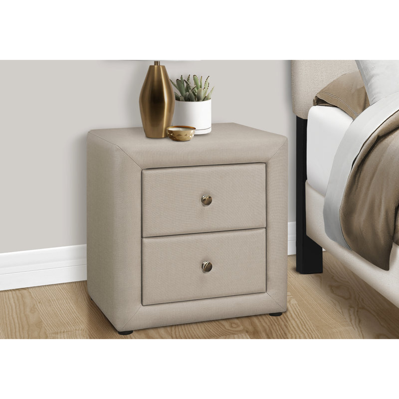 Table de chevet de chambre à coucher en beige - Rangement fonctionnel avec rangement en lin de style transitionnel rembourré