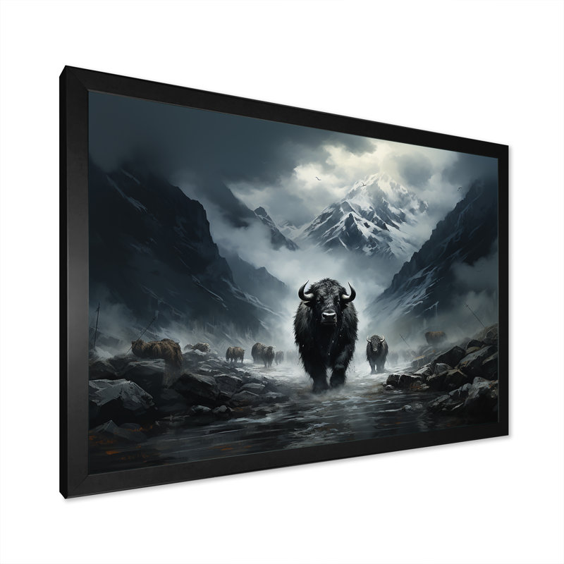 Minimalisme, yaks noirs, impression sur toile, H 34 po x l 44 po x P 1,5 po, Cadre simple noir