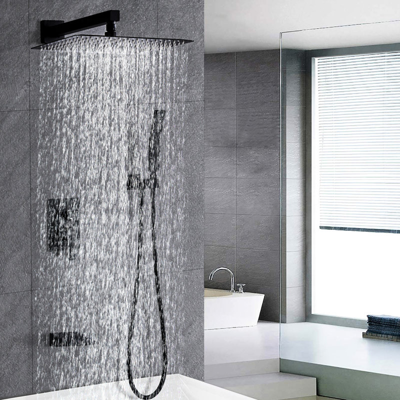 Douche 12 po noir mat - Douchette, équilibré, disque en céramique, tête d'installation de luminaire de salle de bain murale, douchette