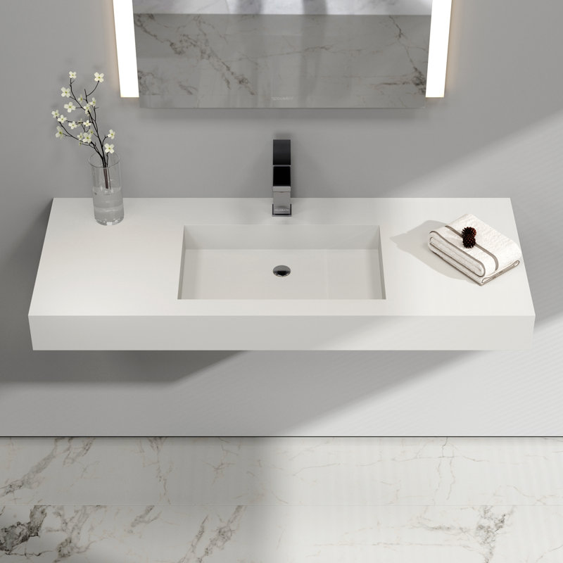 47'' Wall Mounted Stone Resin Rectangular Vessel Sink in Matte White, Modern Bathroom Wash Basin with Faucet Hole, White