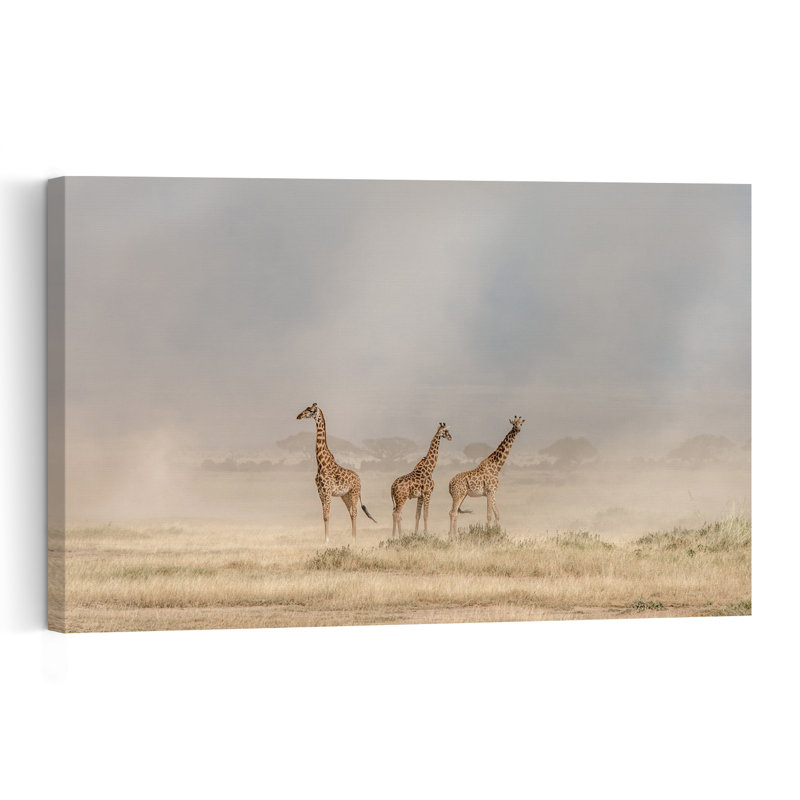 Giraffes In Golden Dust Serene Abstract Contemporary Giraffe Landscape Nature Wall Art Print, 40.64cm H x 60.96cm W