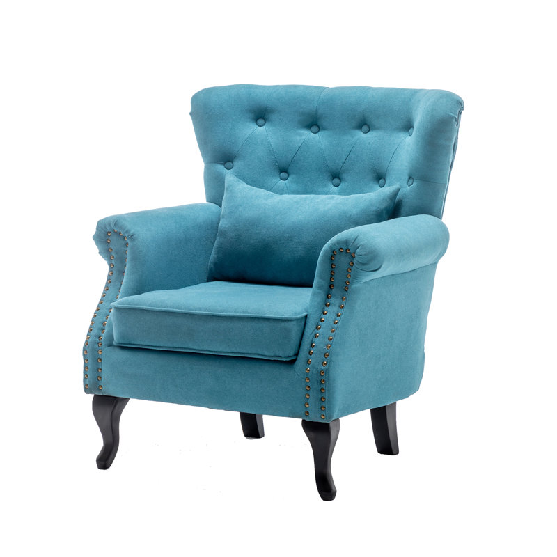 Tufted Wingback Chair, Blue Linen Blend