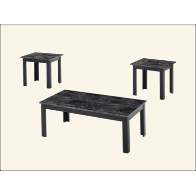 Ensemble de 3 pièces Table basse rectangulaire de style traditionnel Table de bout carrée Pieds en bois Finition noire Plateau en faux marbre Finition grise