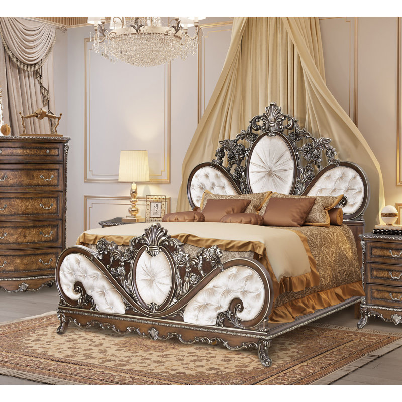 Lit à panneau touffeté à boutons Glam, tissu crème et finition cerise Sabol, Queen