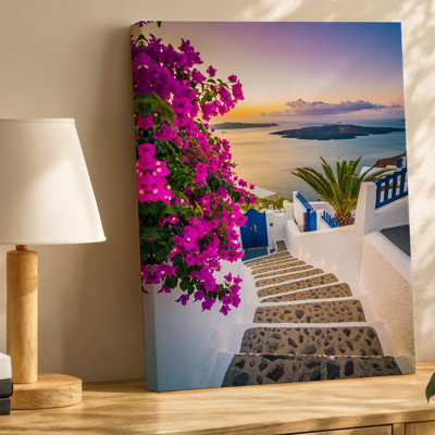 Canvas A Picturesque View Of A Winding Stone Staircase In Santorini Wall Art Leading Down Towards The Shimmering Sea Framed By Vibrant Canvas Wall Art