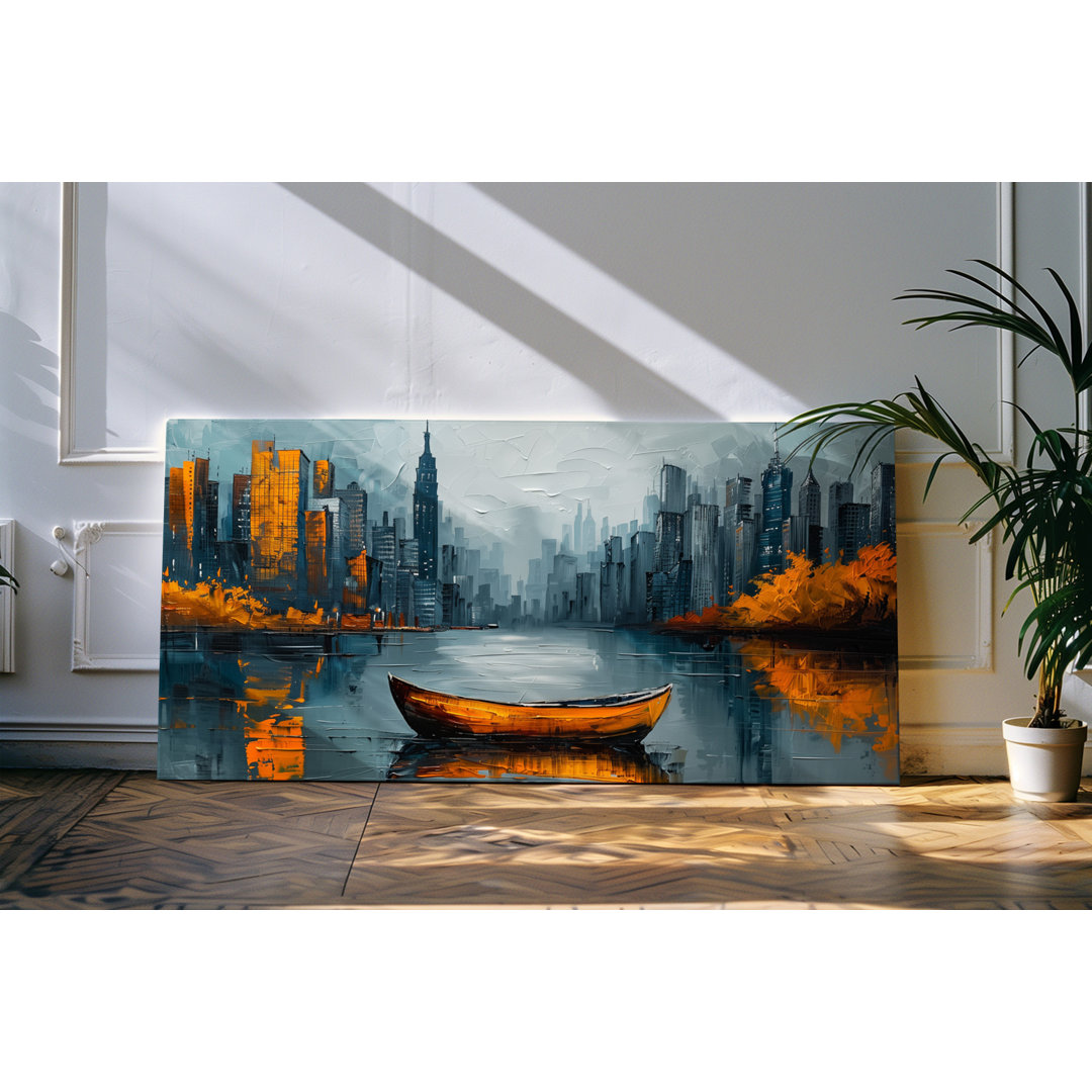 Bilder auf Leinwand 120x60cm Großstadt Skyline Park gelbes Boot See Hochhäuser