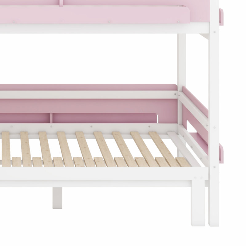 Lit superposé en bois en forme de maison avec glissade, escalier de rangement et garde-corps pour enfants, Blanc + rose