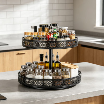 Organisateur à deux niveaux pour comptoir de cuisine, étagère à épices rotative réglable pour armoire et garde-manger, plateau tournant noir robuste pour les condiments et les collations