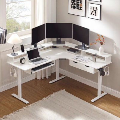 60" L-shaped Electric Standing Desk With Power Outlets & Led Lights