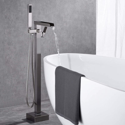 Brushed Nickel Floor Mount Tub Filler With Waterfall Design And Hand Shower - , Corrosion Spout For Bathroom Mount, Rust Proof