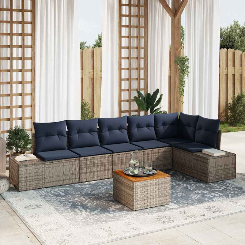 vidaXL Garden Sofa Set with Cushion 7 pcs Grey Poly Rattan, Navy Blue Cushion/Grey Frame