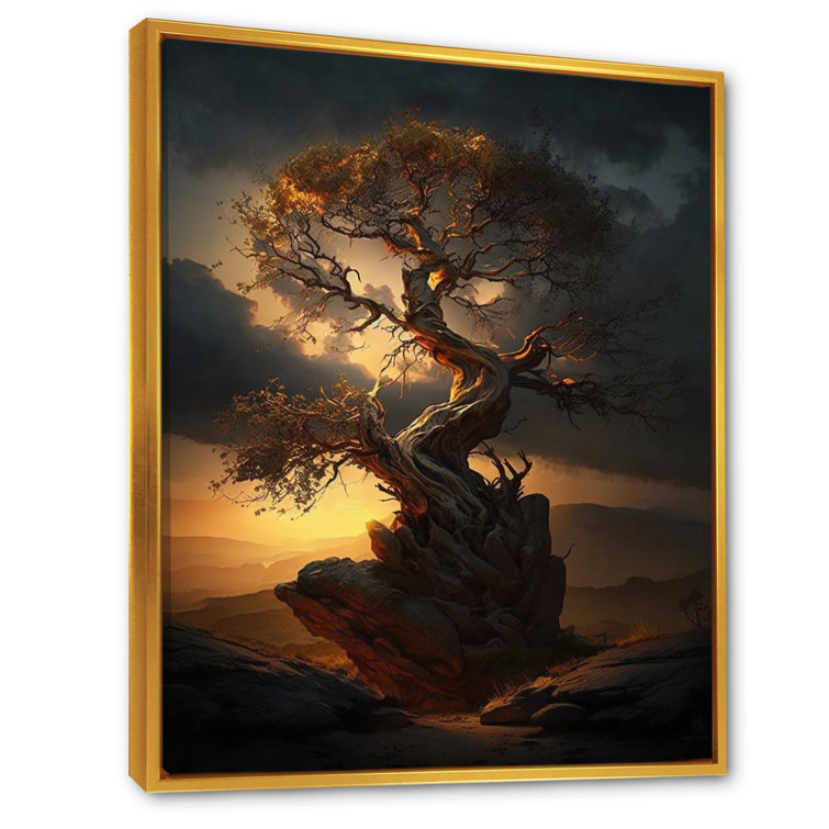 Designart Bonsai Tree at Sunset Modern Framed Canvas Art Print - 16 in. Wide x 32 in. High - Black