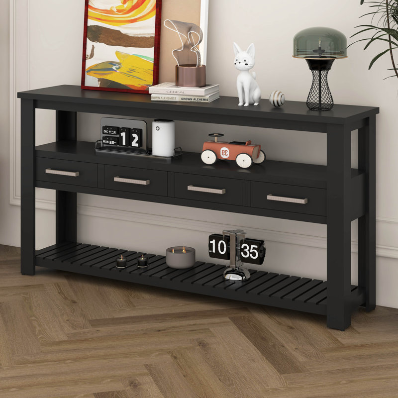 Console de 62,2 po avec 4 tiroirs et 3 tablettes de rangement à 3 niveaux, table d'appoint moderne en bois, Noir