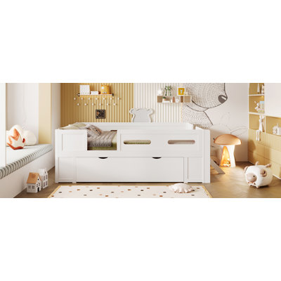 Wood Full Size Platform Bed With Guardrail And Drawer, White