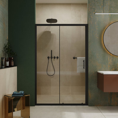 48.In W X 72.In H Shower Door - Clear Tempered Glass, Black Handle, & Stylish Stainless Steel Adjustable