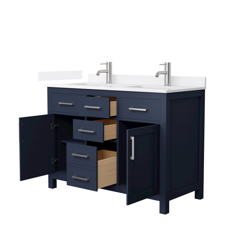 Beckett 48" Freestanding Double Bathroom Vanity with Quartz Top, Brushed Nickel, Dark Blue, White Quartz