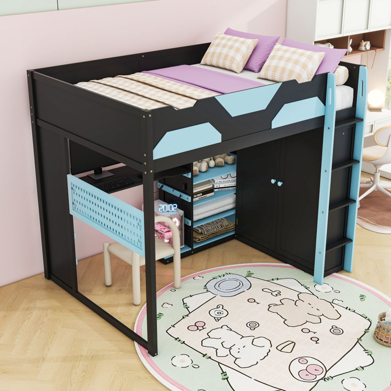 Full Size Loft Bed with RGB Lighting and Storage Solutions, Cloud Blue