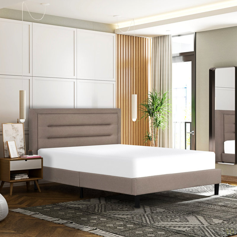 Lit plateforme double classique, cadre de lit tapissier de chambre à coucher moderne, tête de lit capitonnée, Lit double