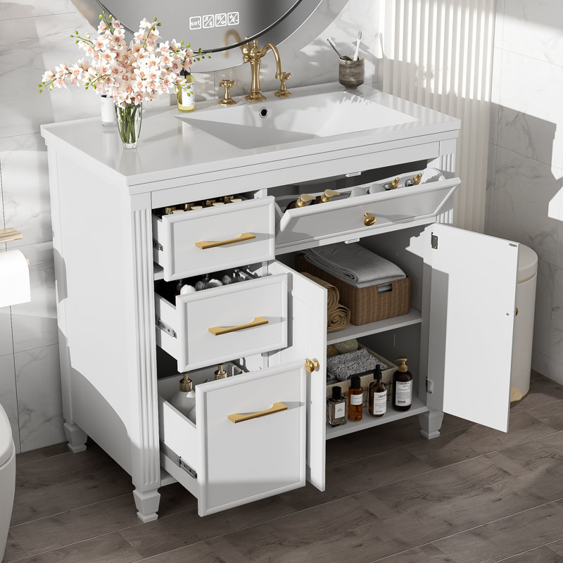 Meuble-lavabo 36 po avec lavabo en céramique, meuble-lavabo avec tiroir coulissant, 3 tiroirs latéraux, tablette réglable, blanc