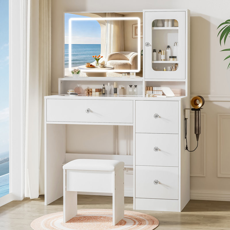 Coiffeuse de 90 cm de large, avec dessus en verre et armoire en acrylique, table de maquillage blanche pour chambre à coucher
