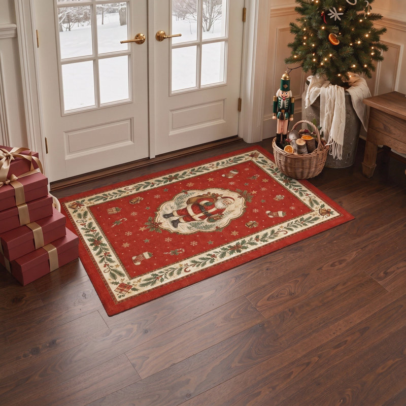 Tapis de salon lavable rouge/ivoire à poils ras, motif Père Noël et cadeaux, style vintage., Rectangulaire 3 pi x 5 pi