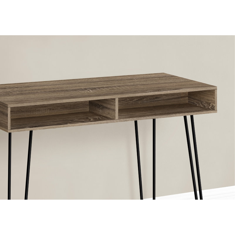 Bureau d'ordinateur 102 cm (40 po) pour le travail, plateau en stratifié brun, pattes en métal noir de style moderne, dessus en stratifié taupe, piètement en métal noir
