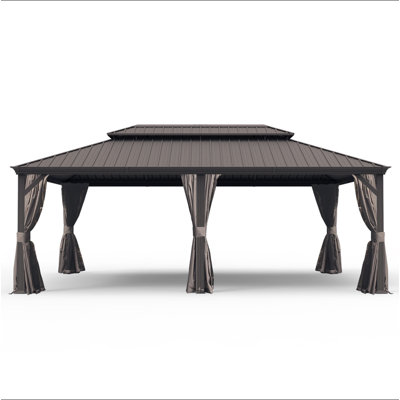 14' X 24' Hardtop Gazebo, Upgraded Metal Gazebo With Drainage System, Dual-Layer Galvanized Steel Roof, Curtain And Netting, Outdoor Shelter Canopy For Patio, Garden, And Backyard