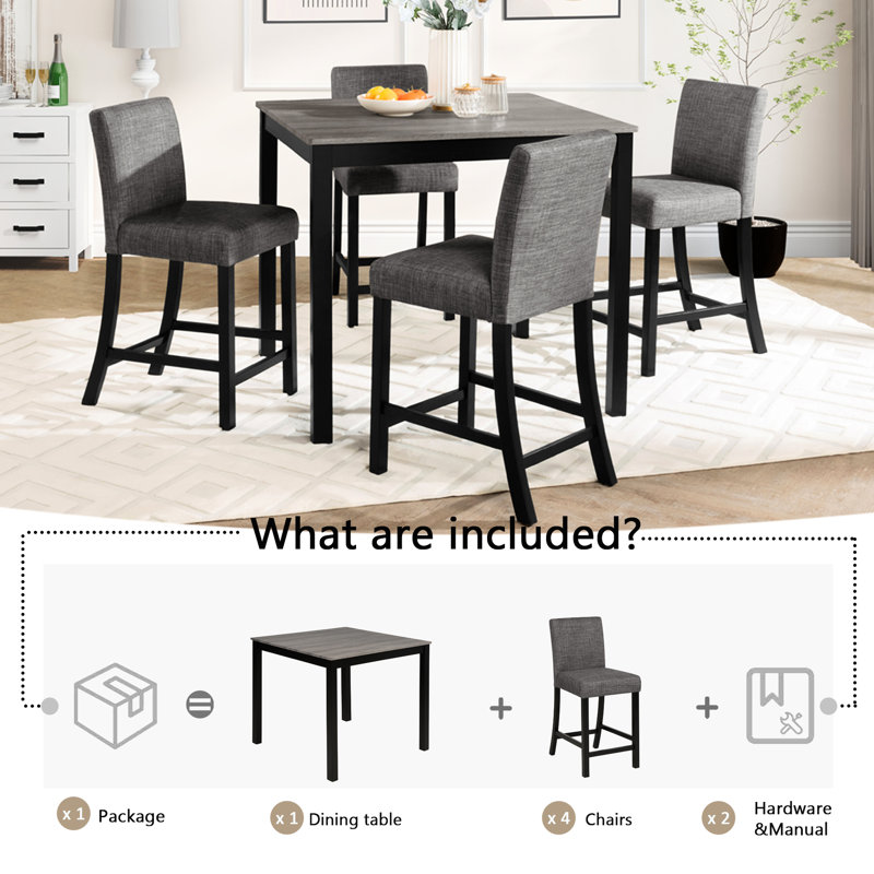 Table et chaises à hauteur de comptoir pour 4 personnes, gris et noir, bois d'hévéa contreplaqué, sièges confortables, salle à manger moderne noire à deux tons, matériaux, concept