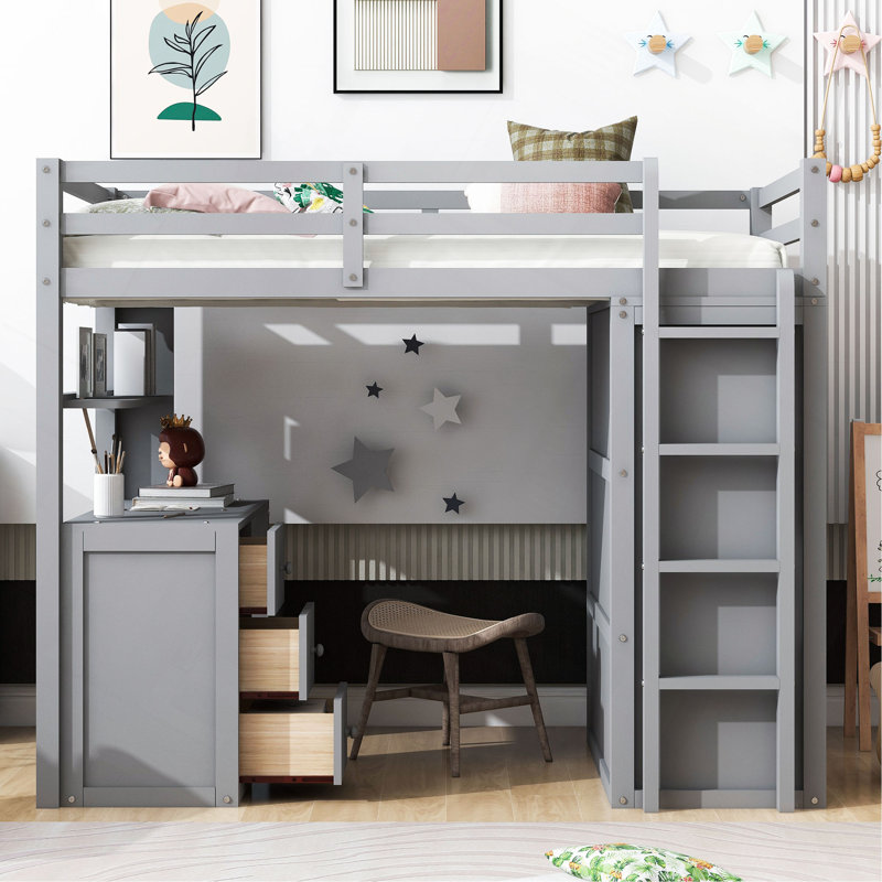 Twin Size Loft Bed With Drawers,Desk,And Wardrobe, Gray