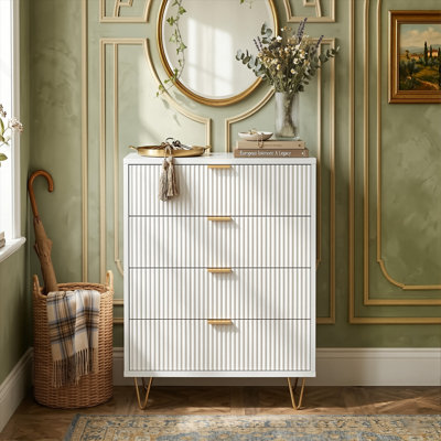 60cm W 4-Drawer Chest with Fluted Panel, Modern Narrow Wood Dresser with Anti-Tip Device & Gold Hairpin Legs, White