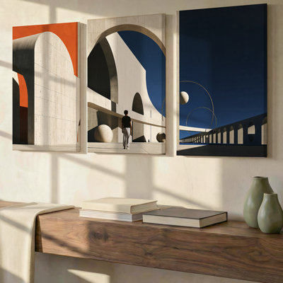 Ensemble exclusif de 3 toiles grand format en noir et blanc représentant un paysage urbain avec reflet de pont, décoration murale moderne pour salon, chambre, bureau et maison