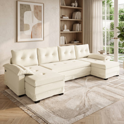 Canapé-lit modulaire en U 110 po avec lit escamotable en chenille 110 po, canapé-lit convertible 2-en-1 avec ports de charge USB, double chaise longue modulaire surdimensionnée pour le salon, l'appartement et la chambre d'amis