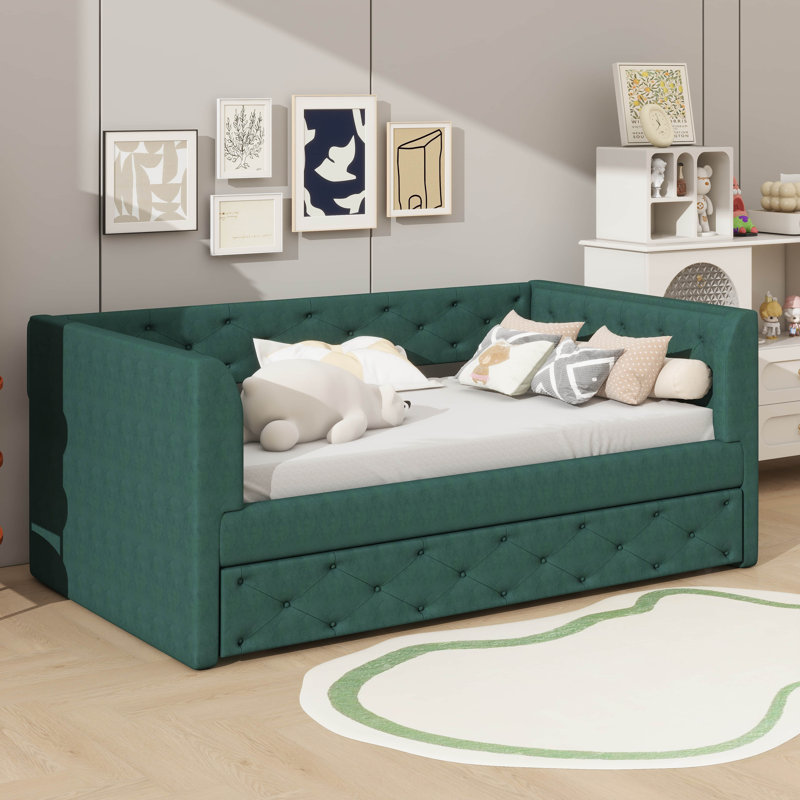 Lit de jour simple en velours capitonné avec lit gigogne caché, Vert