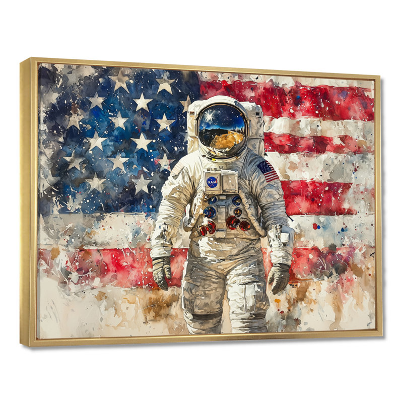 «First Astronault On Moon with Usa Flag II», art mural américain pour le salon, H 16 po x l 32 po, Doré