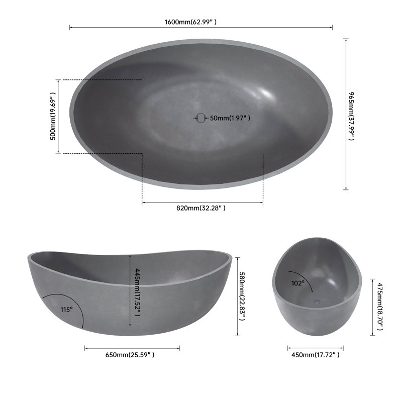63" Oval Freestanding Solid Surface Soaking Bathtub with Pop-Up Drain & Overflow
