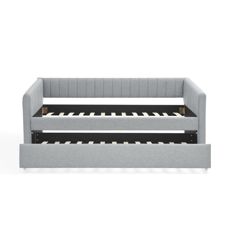 Twin Size Daybed With Trundle Upholstered Sofa Bed, With Vertical Stripes, Linen Fabric, Grey, Gris, Simple