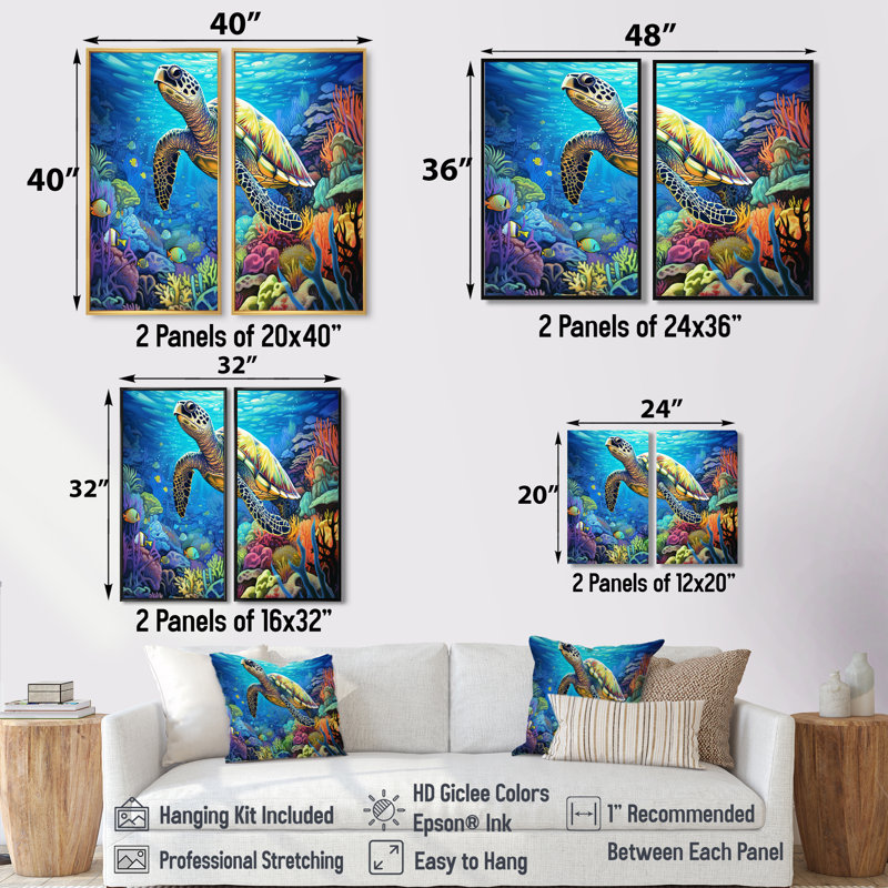 «Blue Sea Turtle World» - art mural bleu, H 20 po x l 24 po, Reproduction encadrée sans passe-partout, Doré