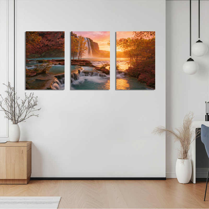 «Waterfall Landscape Sunset», ensemble de 3 reproductions d'art sur toile tendues, 1218