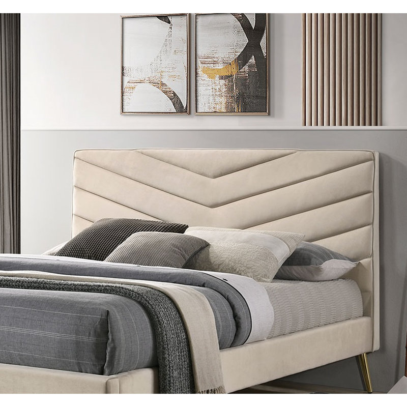 Lit très grand Mid-Century beige moderne avec supports inclinés pour tête de lit texturée dorée, California King