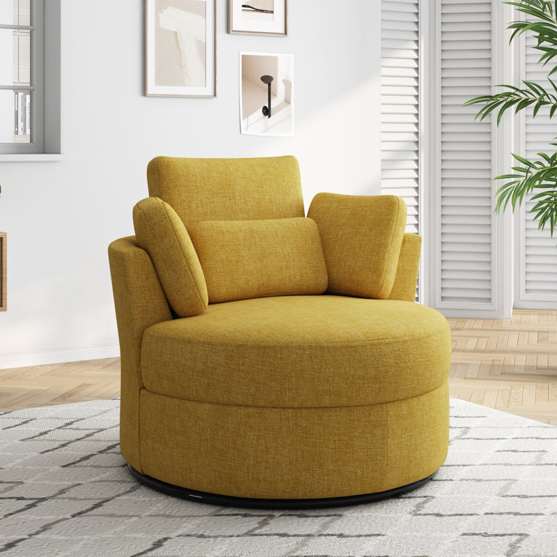 Niama Upholstered Swivel Lounge Armchair With Pillows, Yellow Polyester Blend/Polyester