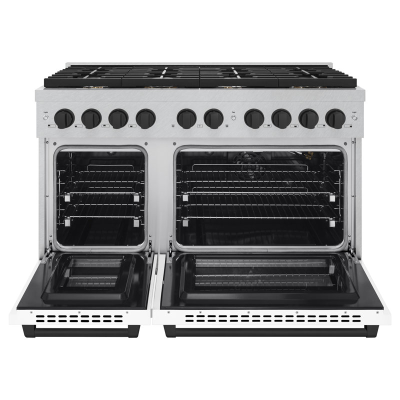 ZLINE Autograph Edition 48 in. 6.7 cu. ft. Paramount Double Oven Gas Range with 8 Burner Cooktop in Satin Stainless Steel with White Matte Doors and Accents