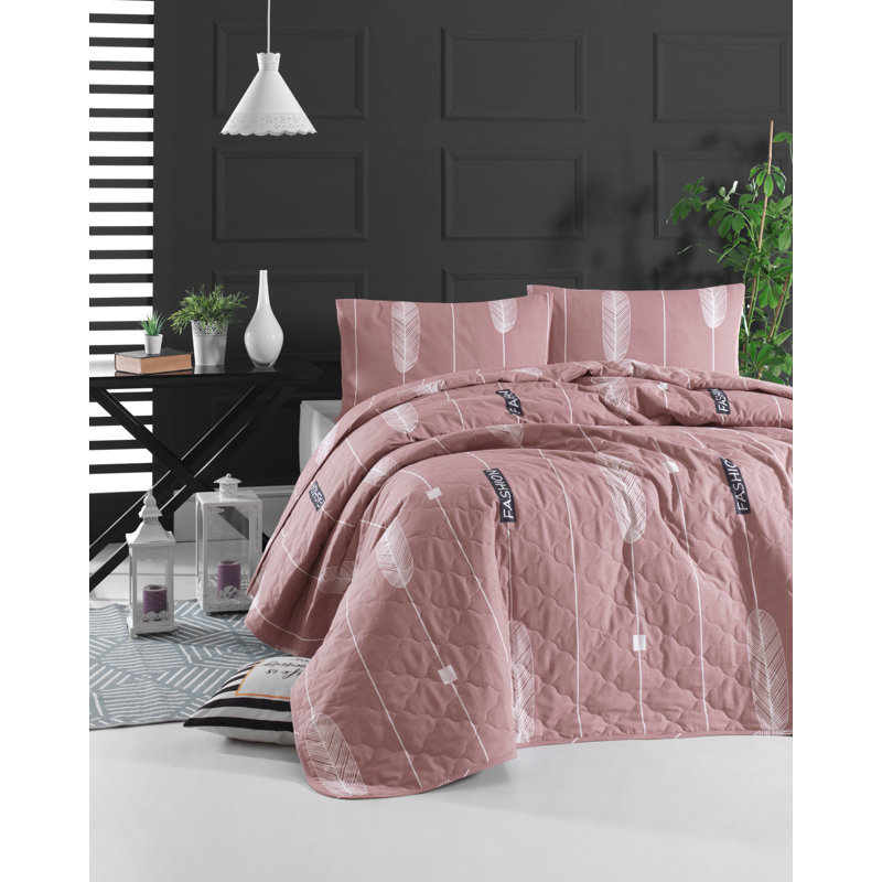 Ensemble de couvre-lit 100% coton Deahl, Rose et blanc, Couvre-lit 94 po x 89 po + 2 taies d'oreiller stan