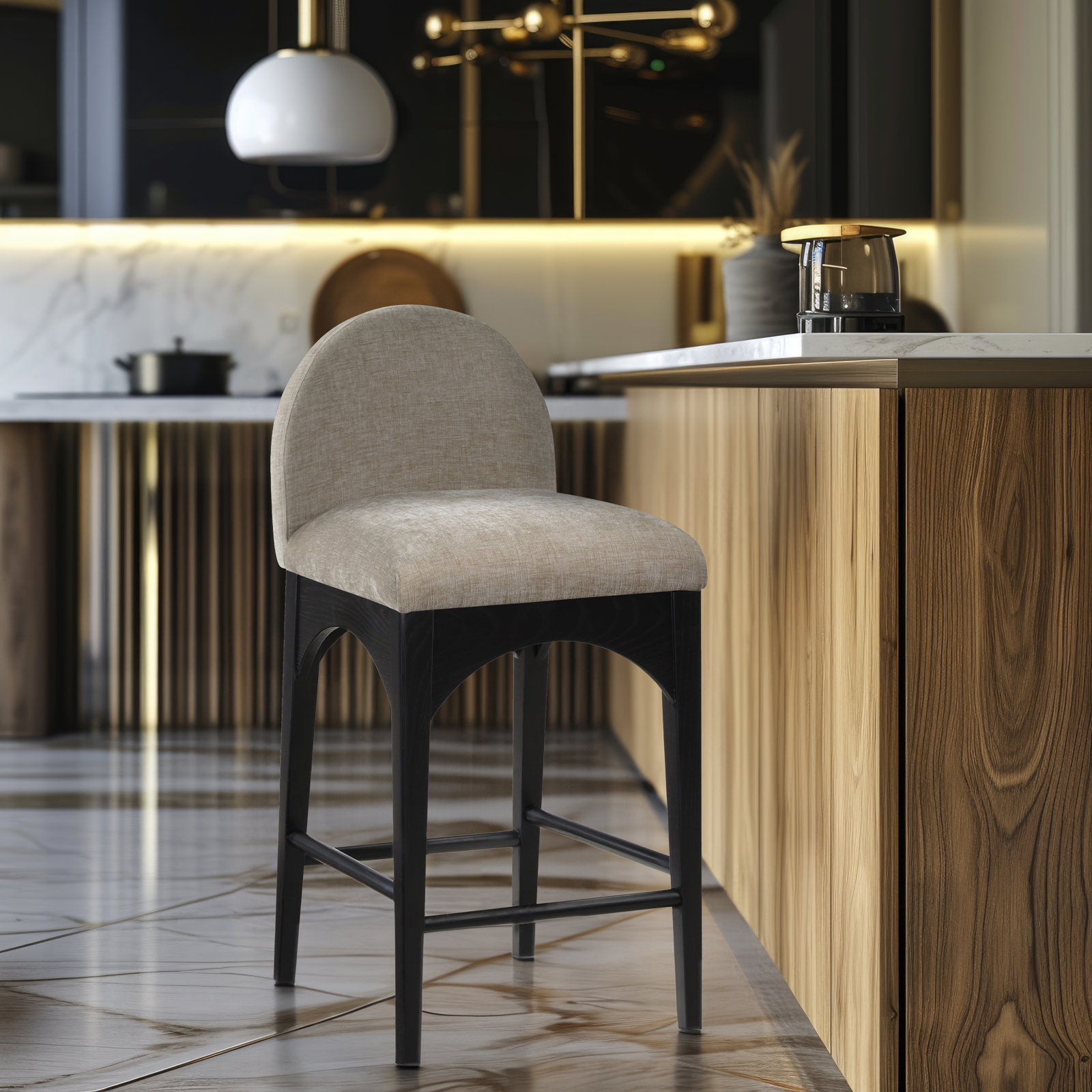 Waldorf 27" Bar Stool, Black, Beige Chenille